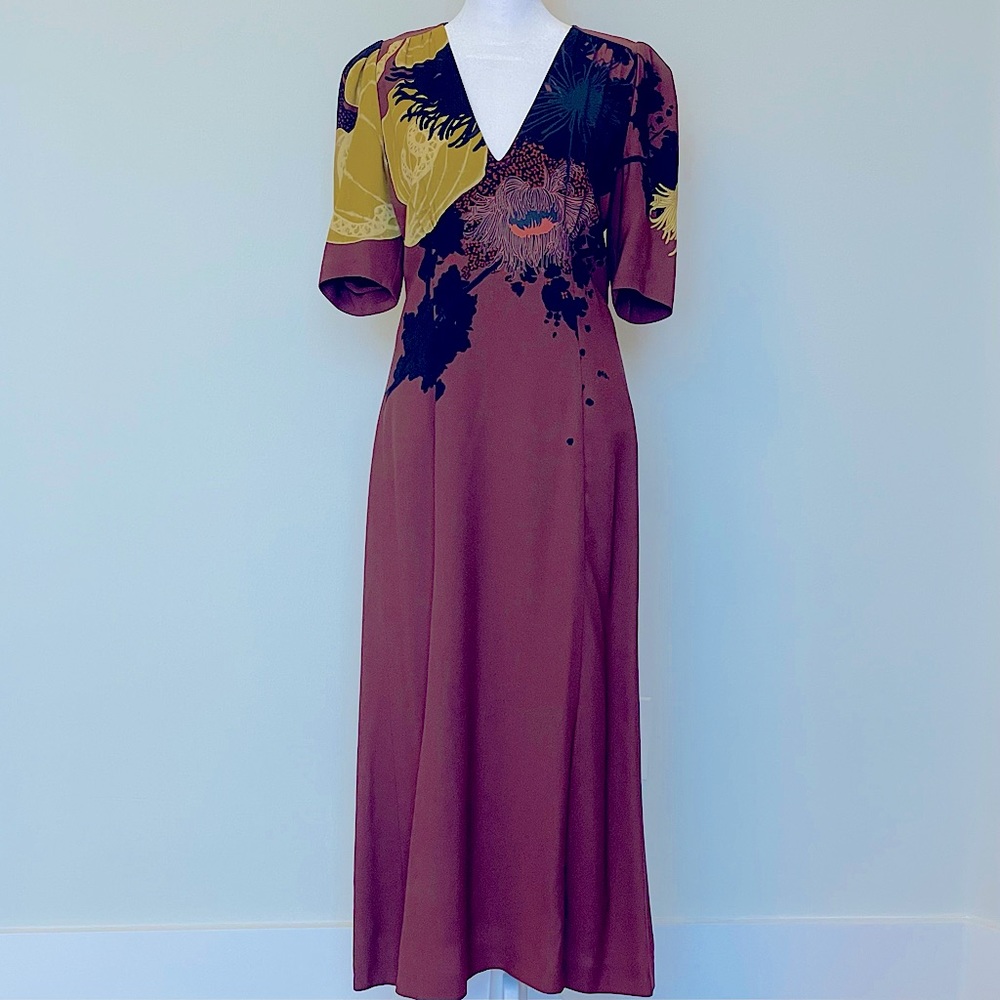 Dries Van Noten: Deep V-cut Floral Half Sleeve Sheath Dress